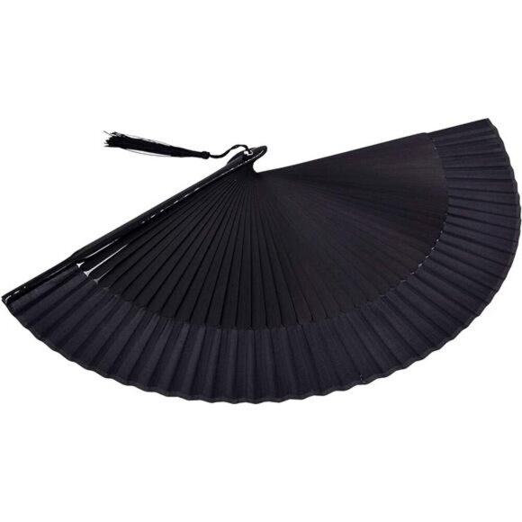 Elegant Black Folding Hand Fan Silk Fabric w/ Lacquered Bamboo Frame and Tassel - Picture 4 of 6